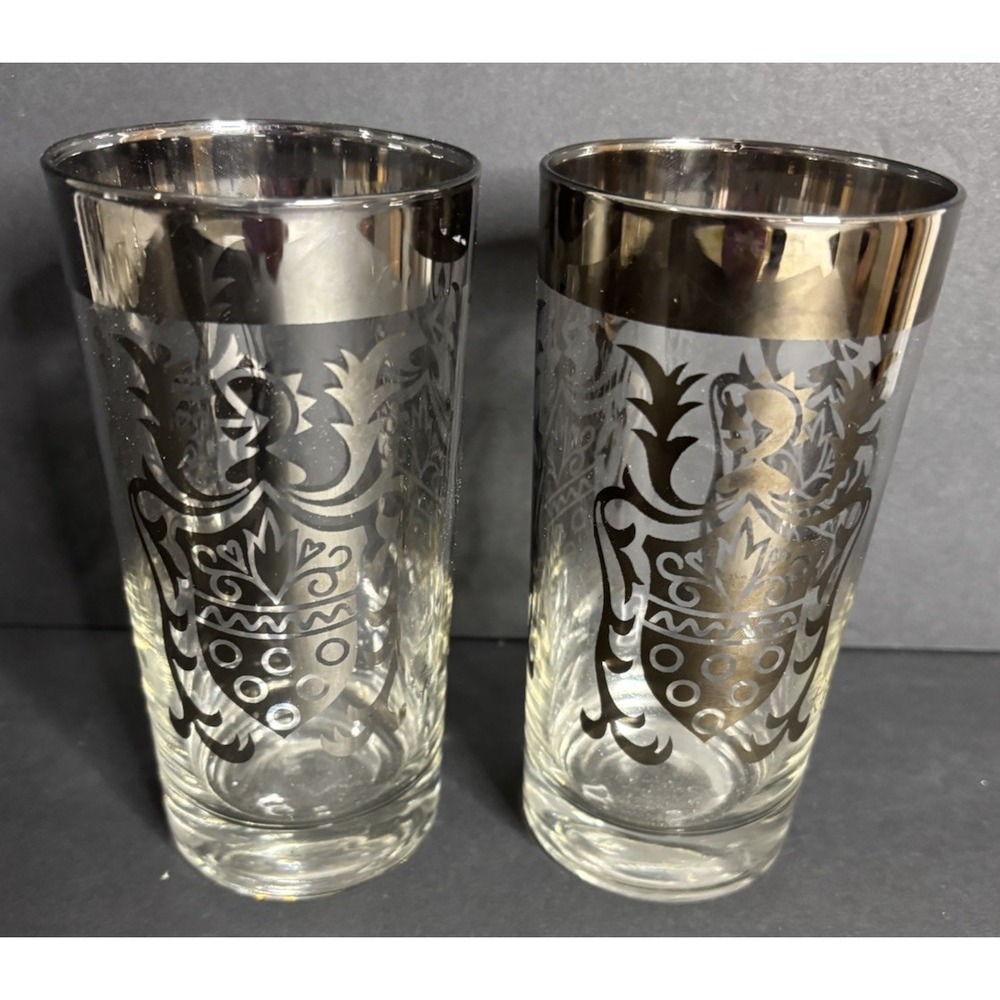 2 Kimiko Silvercrest Knight Coat Of Arms Tumbler Highball Glasses 1960s